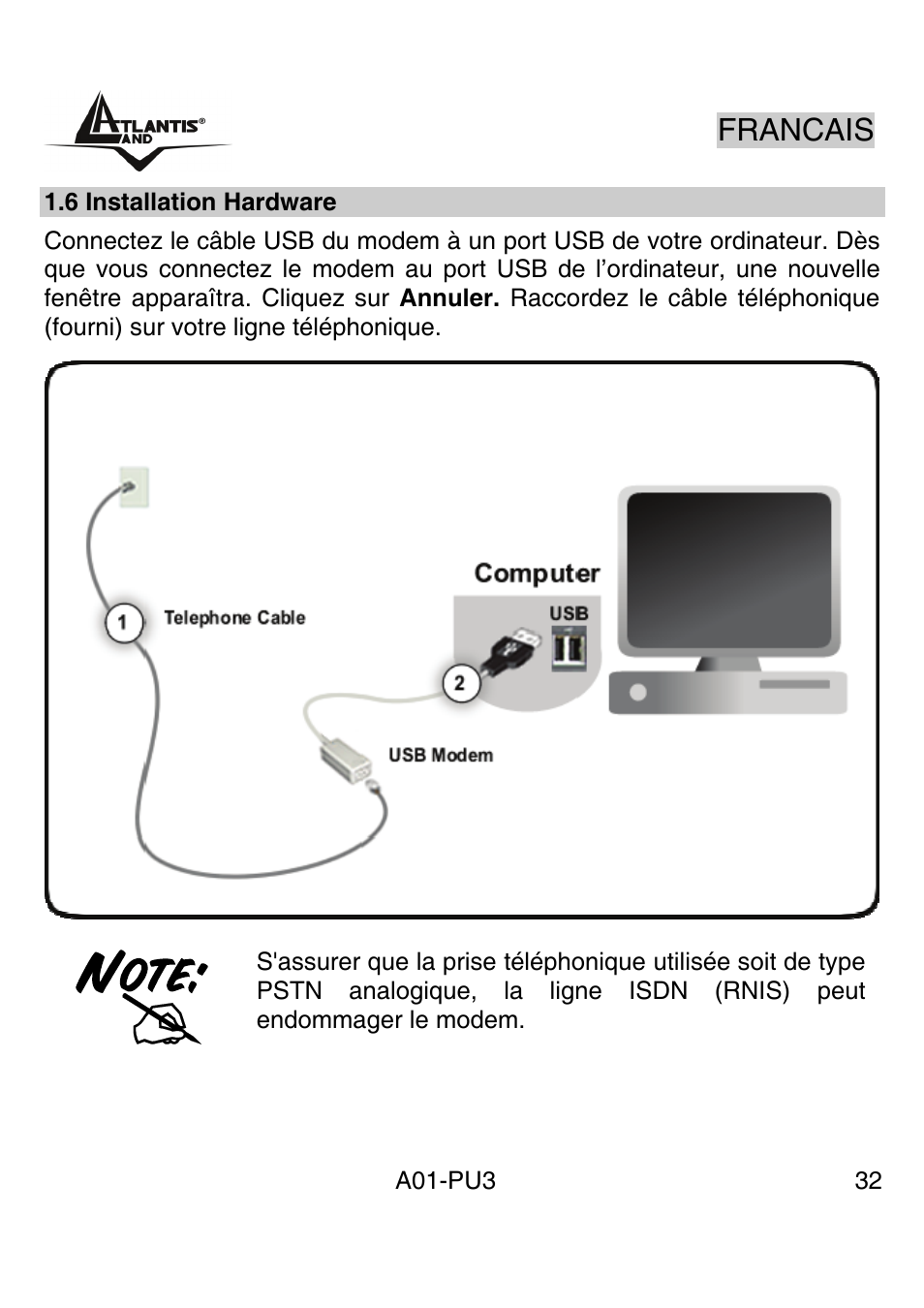 Francais | Atlantis Land WebRunner USB V.90/V.92 56K Modem A01-PU3 User Manual | Page 31 / 37