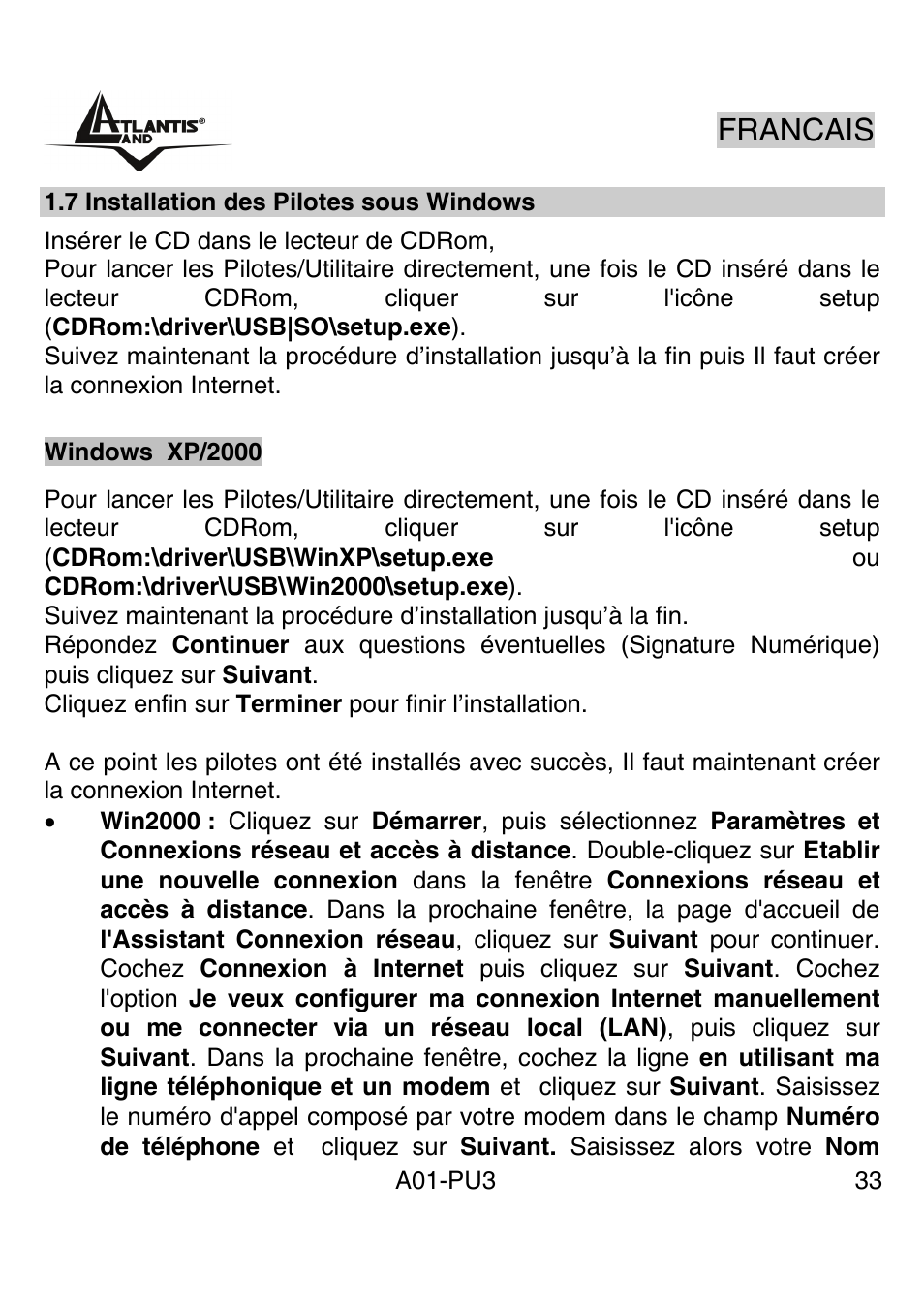 Francais | Atlantis Land WebRunner USB V.90/V.92 56K Modem A01-PU3 User Manual | Page 32 / 37