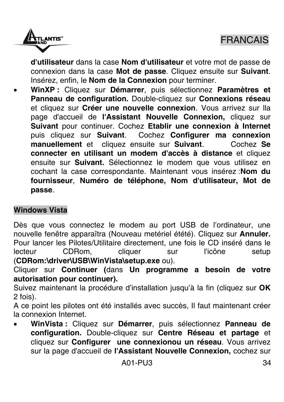 Francais | Atlantis Land WebRunner USB V.90/V.92 56K Modem A01-PU3 User Manual | Page 33 / 37