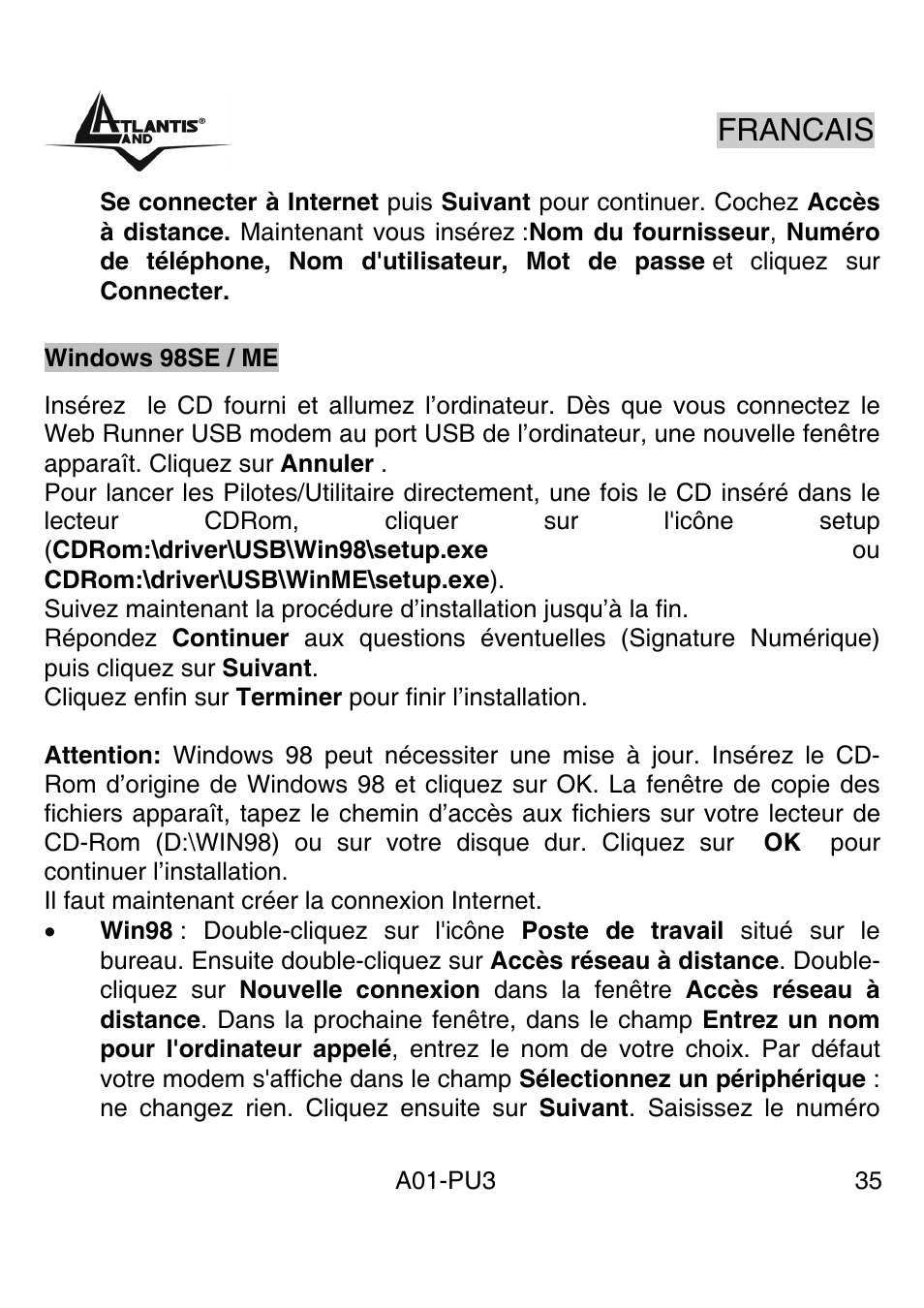 Francais | Atlantis Land WebRunner USB V.90/V.92 56K Modem A01-PU3 User Manual | Page 34 / 37