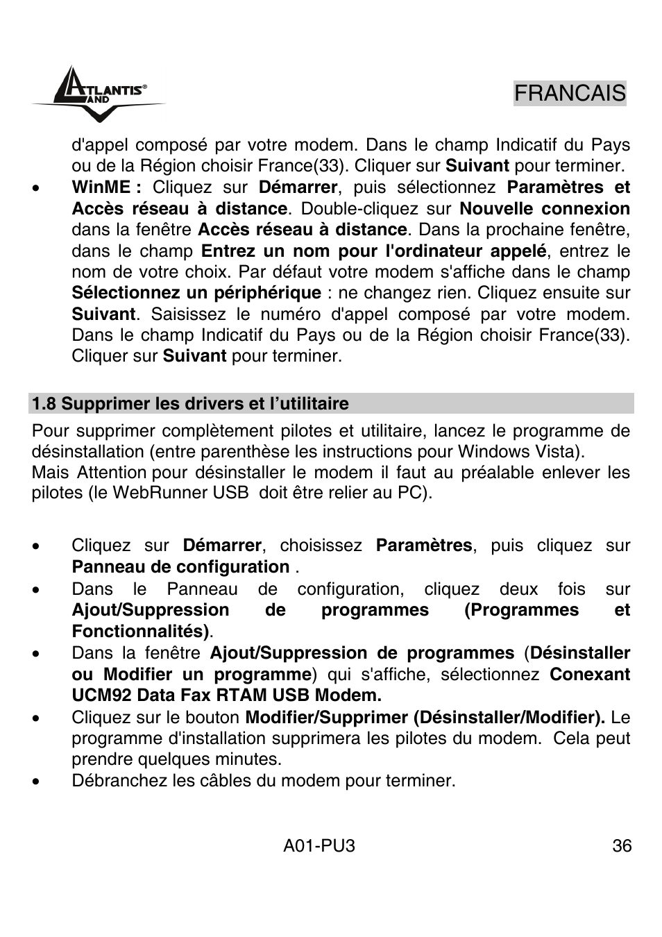 Francais | Atlantis Land WebRunner USB V.90/V.92 56K Modem A01-PU3 User Manual | Page 35 / 37