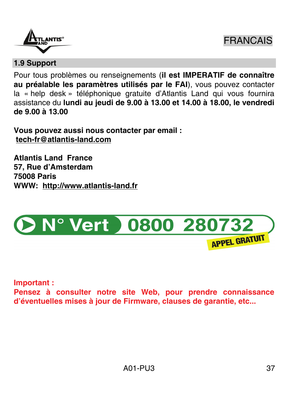 Francais | Atlantis Land WebRunner USB V.90/V.92 56K Modem A01-PU3 User Manual | Page 36 / 37