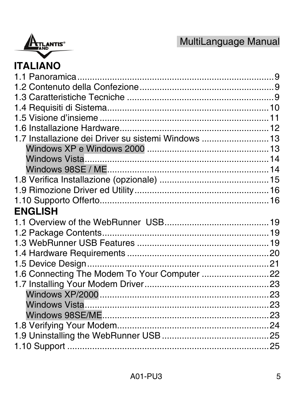 Index | Atlantis Land WebRunner USB V.90/V.92 56K Modem A01-PU3 User Manual | Page 4 / 37