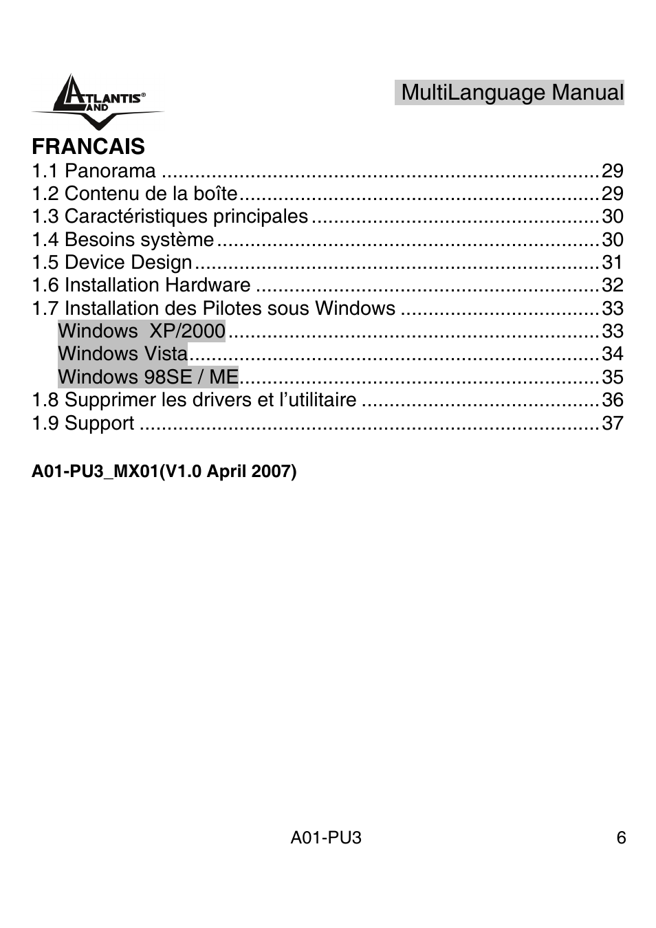 Atlantis Land WebRunner USB V.90/V.92 56K Modem A01-PU3 User Manual | Page 5 / 37