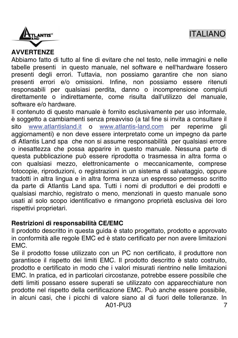 Italiano | Atlantis Land WebRunner USB V.90/V.92 56K Modem A01-PU3 User Manual | Page 6 / 37