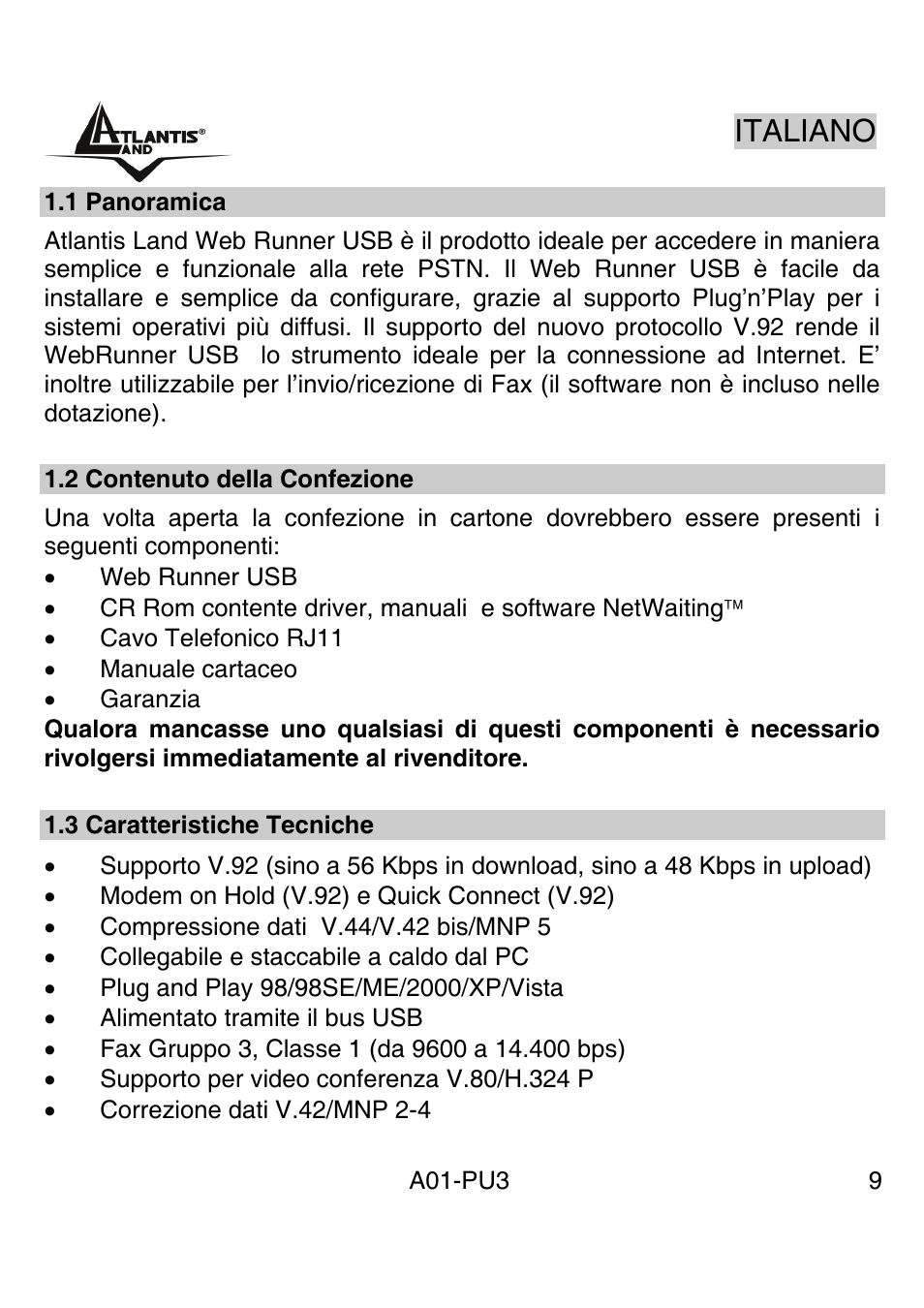 Italiano | Atlantis Land WebRunner USB V.90/V.92 56K Modem A01-PU3 User Manual | Page 8 / 37