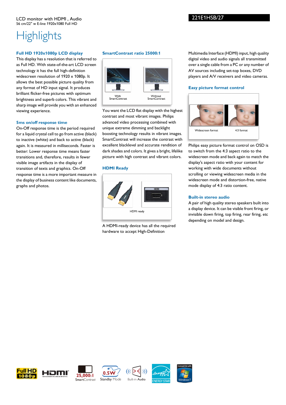 Highlights | Philips 221E1HSB-27 User Manual | Page 2 / 3