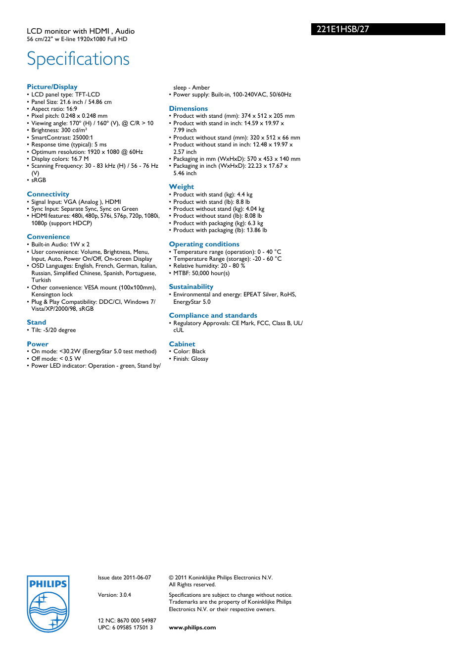 Specifications | Philips 221E1HSB-27 User Manual | Page 3 / 3