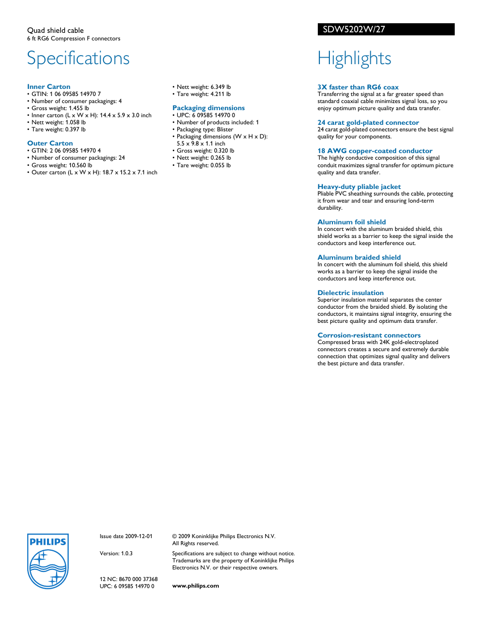 Specifications, Highlights | Philips SDW5202W-27 User Manual | Page 2 / 2