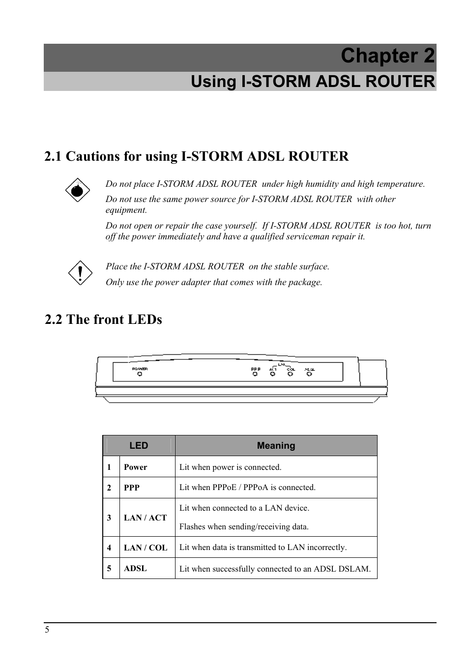 Chapter 2, Using i-storm adsl router, 1 cautions for using i-storm adsl router | 2 the front leds | Atlantis Land A02-RA ME01 User Manual | Page 11 / 59