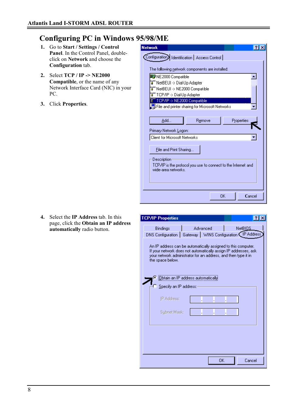 Configuring pc in windows 95/98/me | Atlantis Land A02-RA ME01 User Manual | Page 14 / 59
