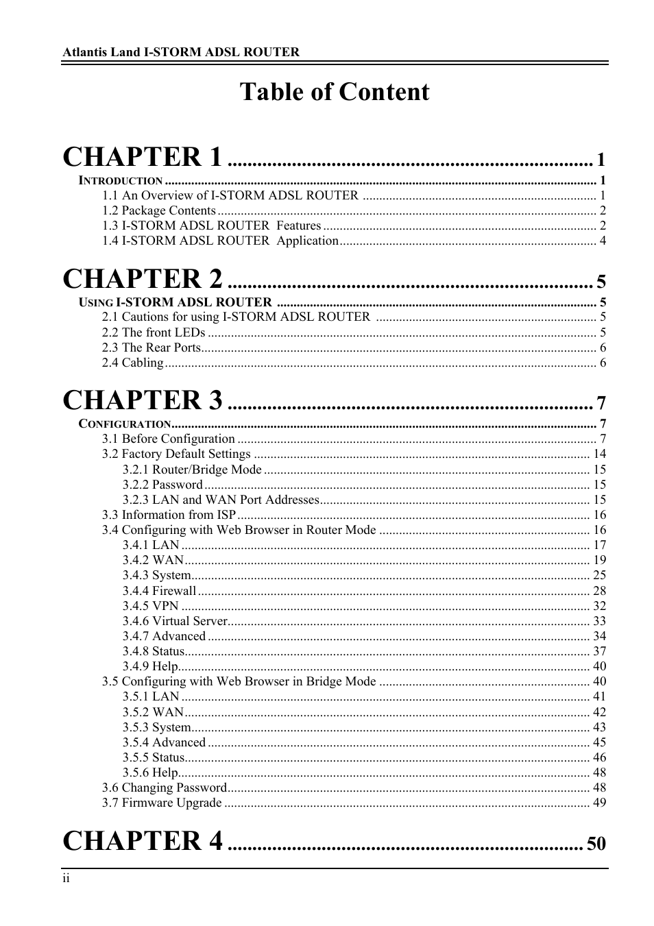 Chapter 1, Chapter 2, Chapter 3 | Chapter 4, Table of content | Atlantis Land A02-RA ME01 User Manual | Page 4 / 59