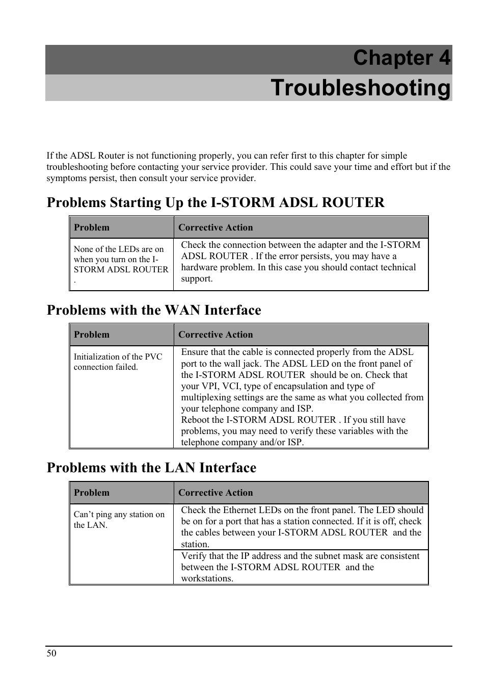 Troubleshooting, Chapter 4, Problems starting up the i-storm adsl router | Problems with the wan interface, Problems with the lan interface | Atlantis Land A02-RA ME01 User Manual | Page 56 / 59