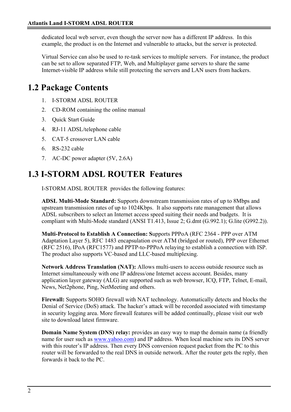 2 package contents, 3 i-storm adsl router features | Atlantis Land A02-RA ME01 User Manual | Page 8 / 59