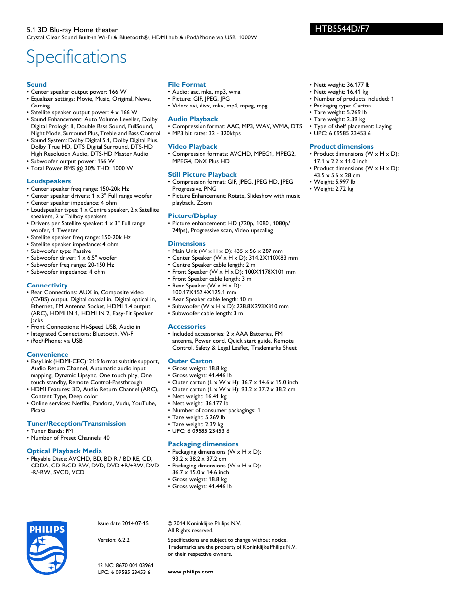 Specifications | Philips HTB5544D-F7 User Manual | Page 3 / 3