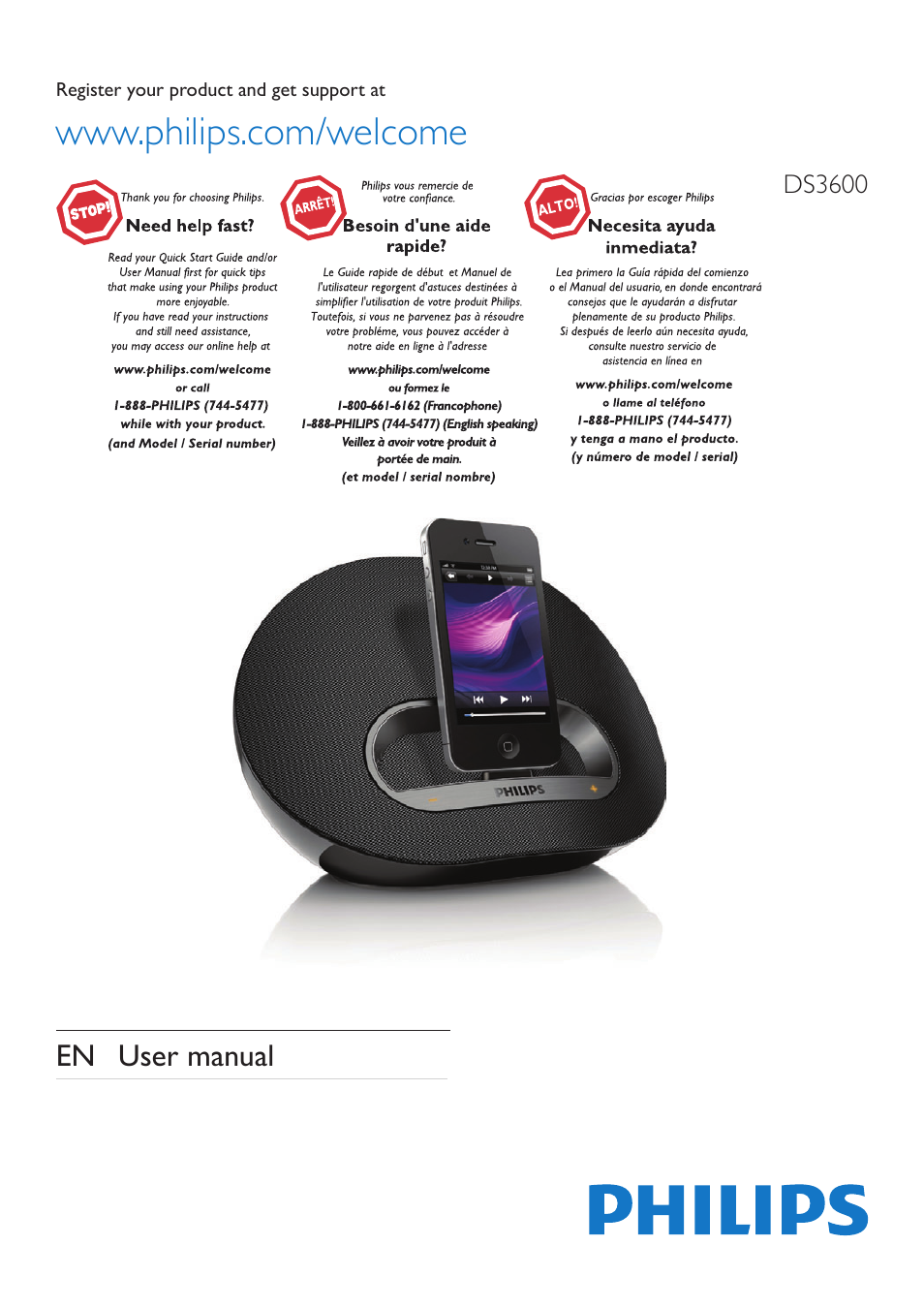Philips docking speaker with Bluetooth® DS3600 for iPod-iPhone-iPad User Manual | 16 pages