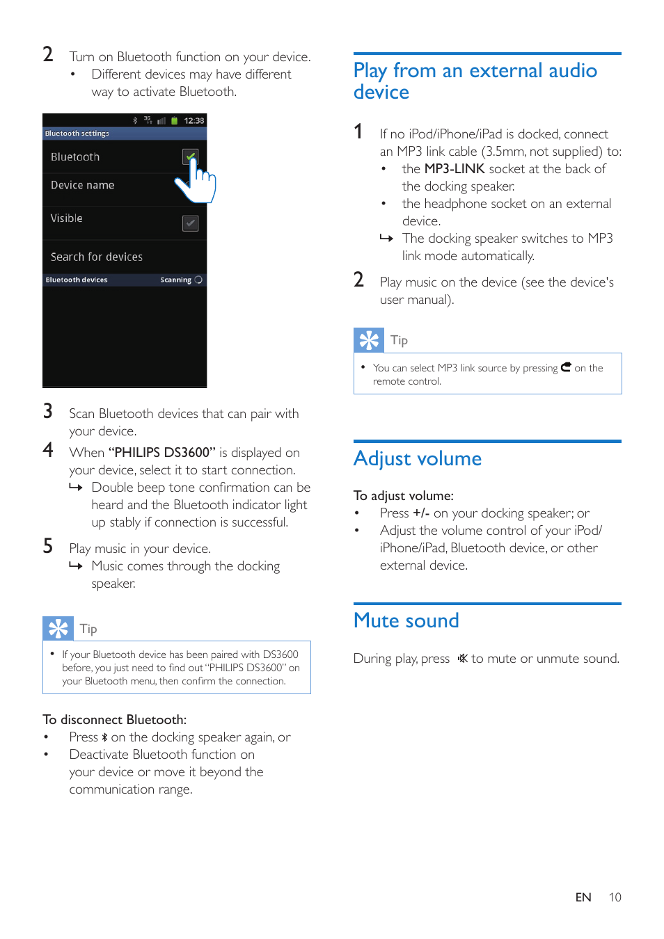 Play from an external audio device, Adjust volume, Mute sound | Philips docking speaker with Bluetooth® DS3600 for iPod-iPhone-iPad User Manual | Page 10 / 16