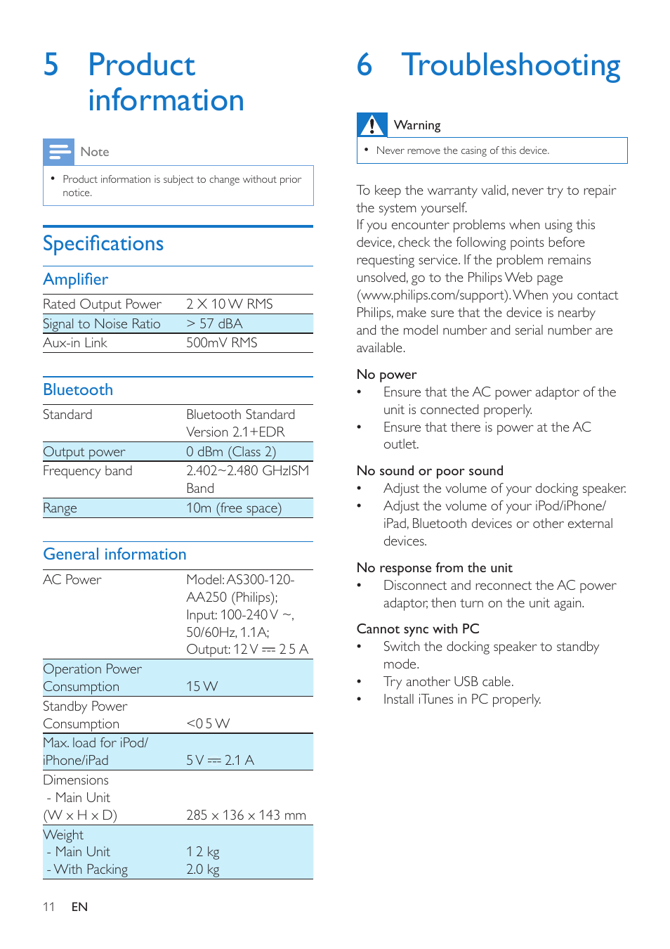5 product information, Specifications, 6 troubleshooting | Philips docking speaker with Bluetooth® DS3600 for iPod-iPhone-iPad User Manual | Page 11 / 16