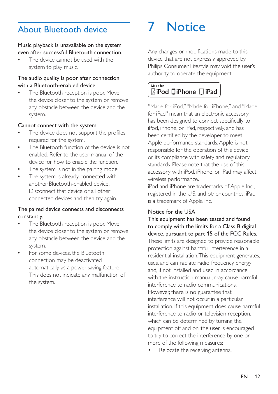 About bluetooth device, 7 notice | Philips docking speaker with Bluetooth® DS3600 for iPod-iPhone-iPad User Manual | Page 12 / 16