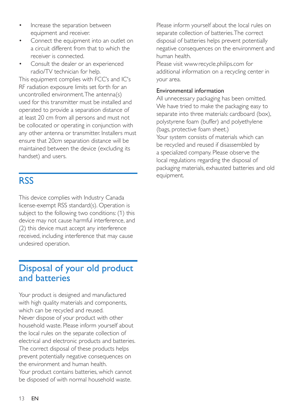 Disposal of your old product and batteries, Rss 13, Disposal of your old product and | Batteries 13 | Philips docking speaker with Bluetooth® DS3600 for iPod-iPhone-iPad User Manual | Page 13 / 16