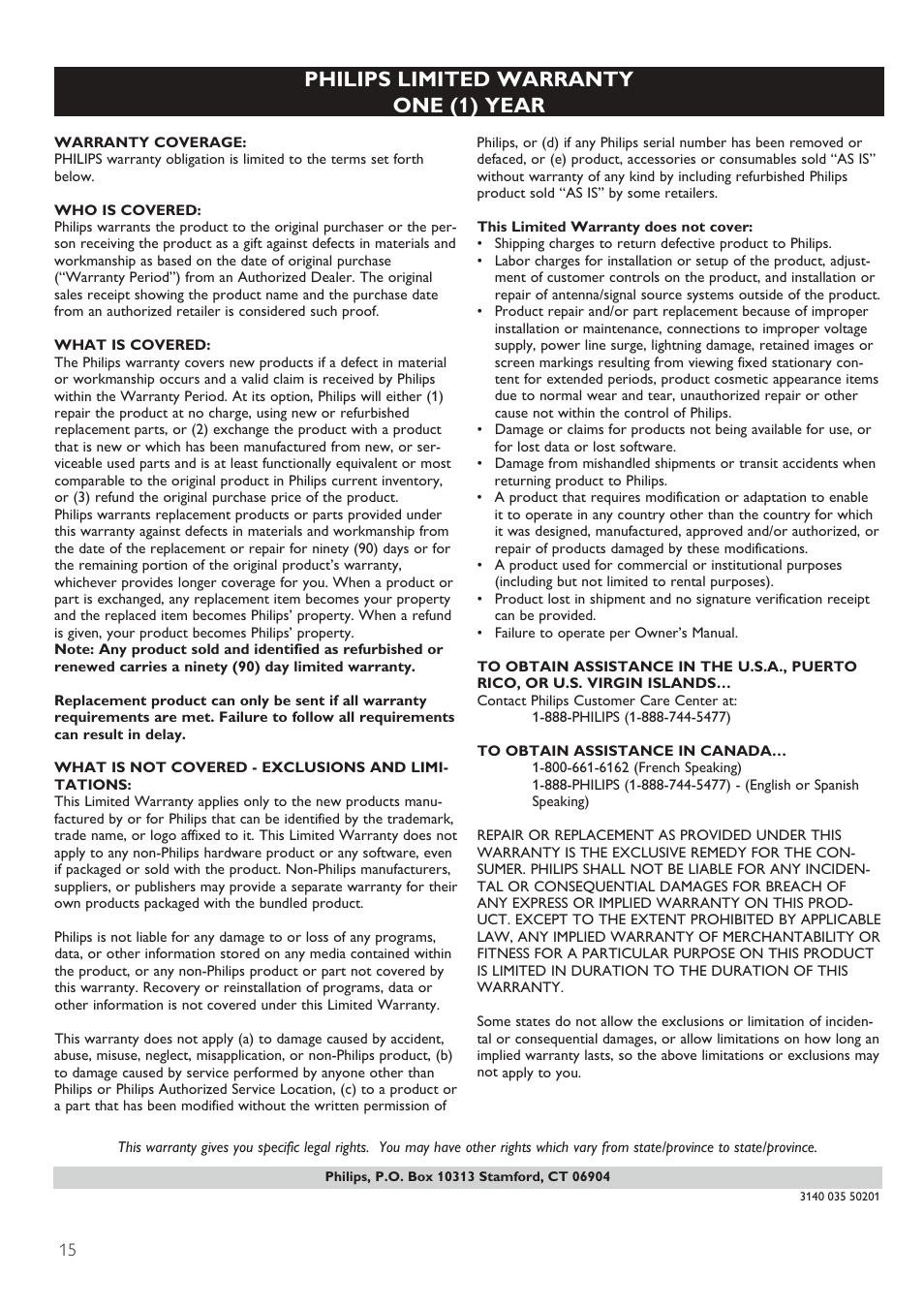 Philips limited warranty one (1) year | Philips docking speaker with Bluetooth® DS3600 for iPod-iPhone-iPad User Manual | Page 15 / 16