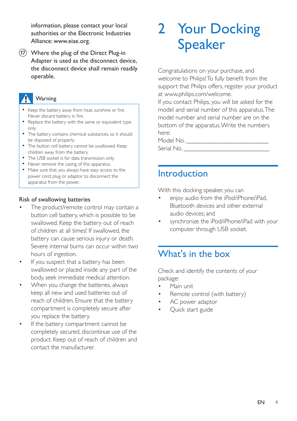 2 your docking speaker, Introduction, What's in the box | Introduction 4 | Philips docking speaker with Bluetooth® DS3600 for iPod-iPhone-iPad User Manual | Page 4 / 16