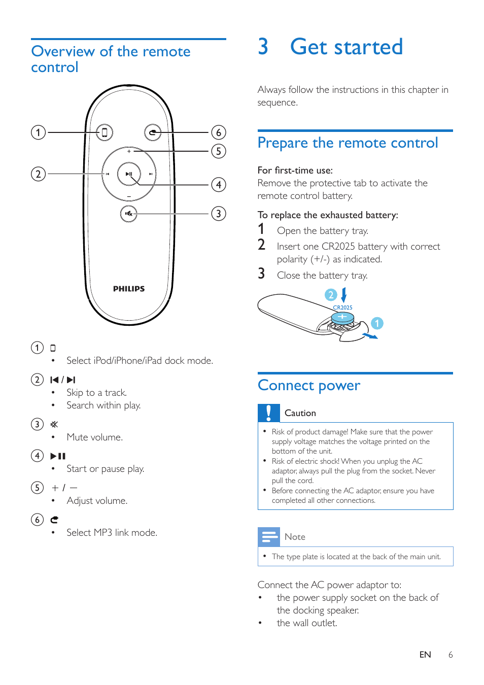 Overview of the remote control, 3 get started, Prepare the remote control | Connect power | Philips docking speaker with Bluetooth® DS3600 for iPod-iPhone-iPad User Manual | Page 6 / 16