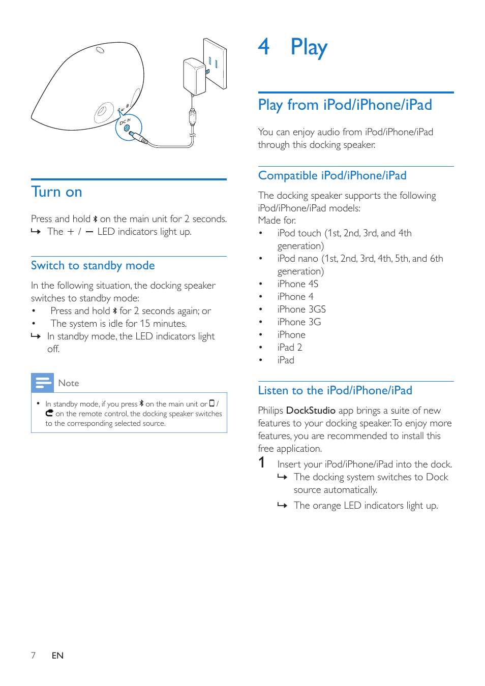 Turn on, 4 play, Play from ipod/iphone/ipad | Philips docking speaker with Bluetooth® DS3600 for iPod-iPhone-iPad User Manual | Page 7 / 16