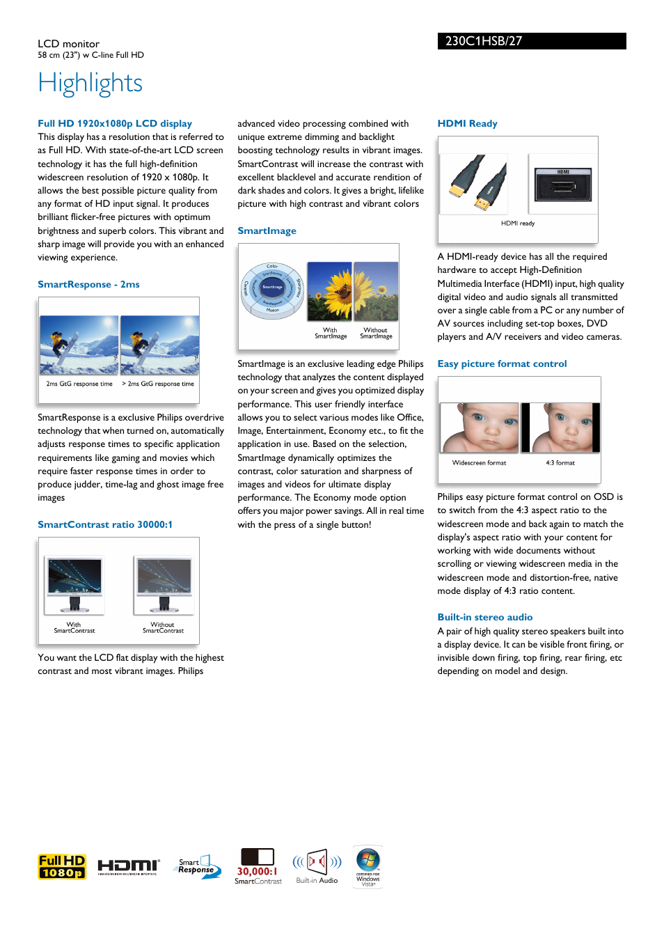 Highlights | Philips 230C1HSB-27 User Manual | Page 2 / 3