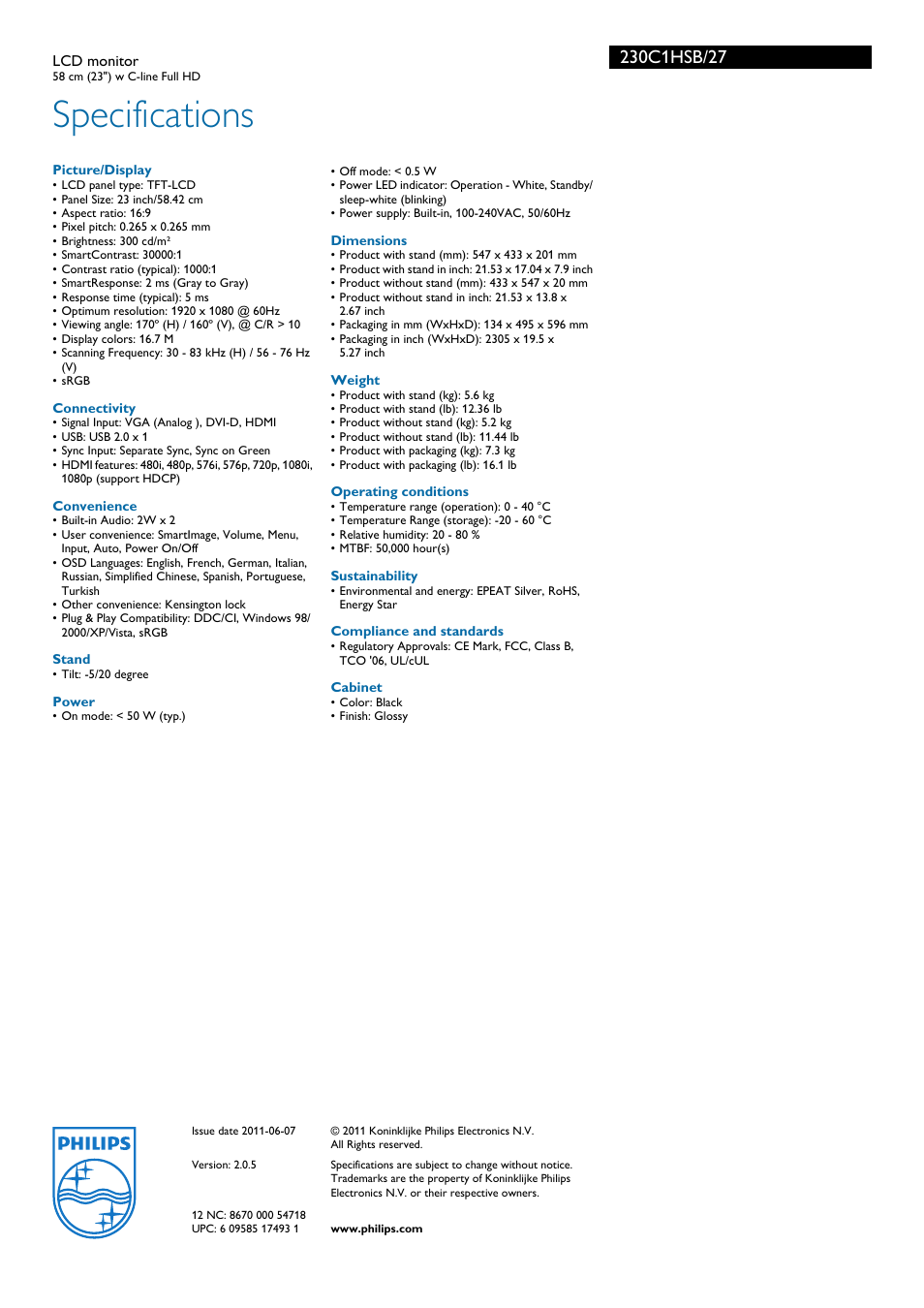 Specifications | Philips 230C1HSB-27 User Manual | Page 3 / 3