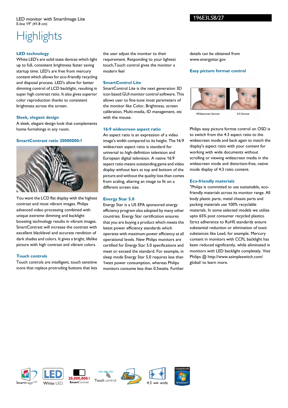 Highlights | Philips 196E3LSB-27 User Manual | Page 2 / 3