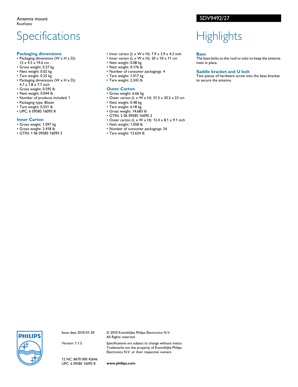 Specifications, Highlights | Philips SDV9492-27 User Manual | Page 2 / 2