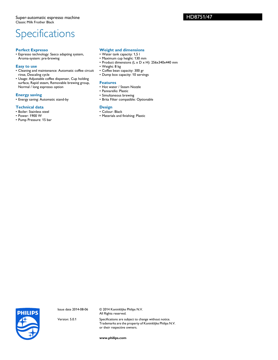 Specifications | Philips HD8751-47 User Manual | Page 3 / 3