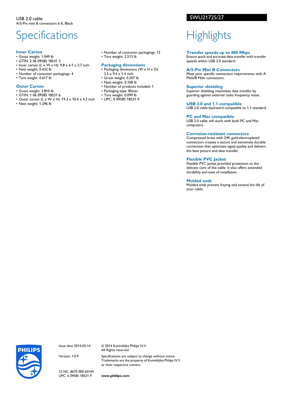 Specifications, Highlights | Philips SWU2172S-27 User Manual | Page 2 / 2