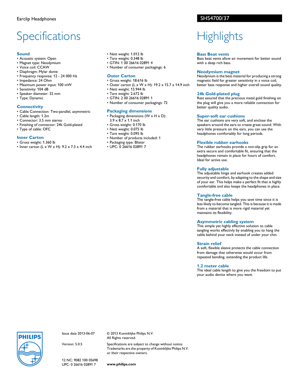 Specifications, Highlights | Philips SHS4700-37 User Manual | Page 2 / 2