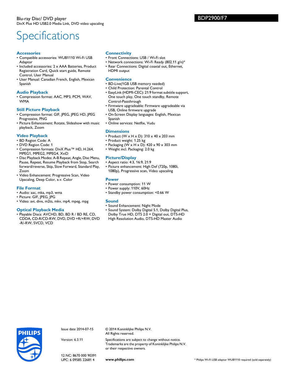 Specifications | Philips BDP2900-F7 User Manual | Page 3 / 3