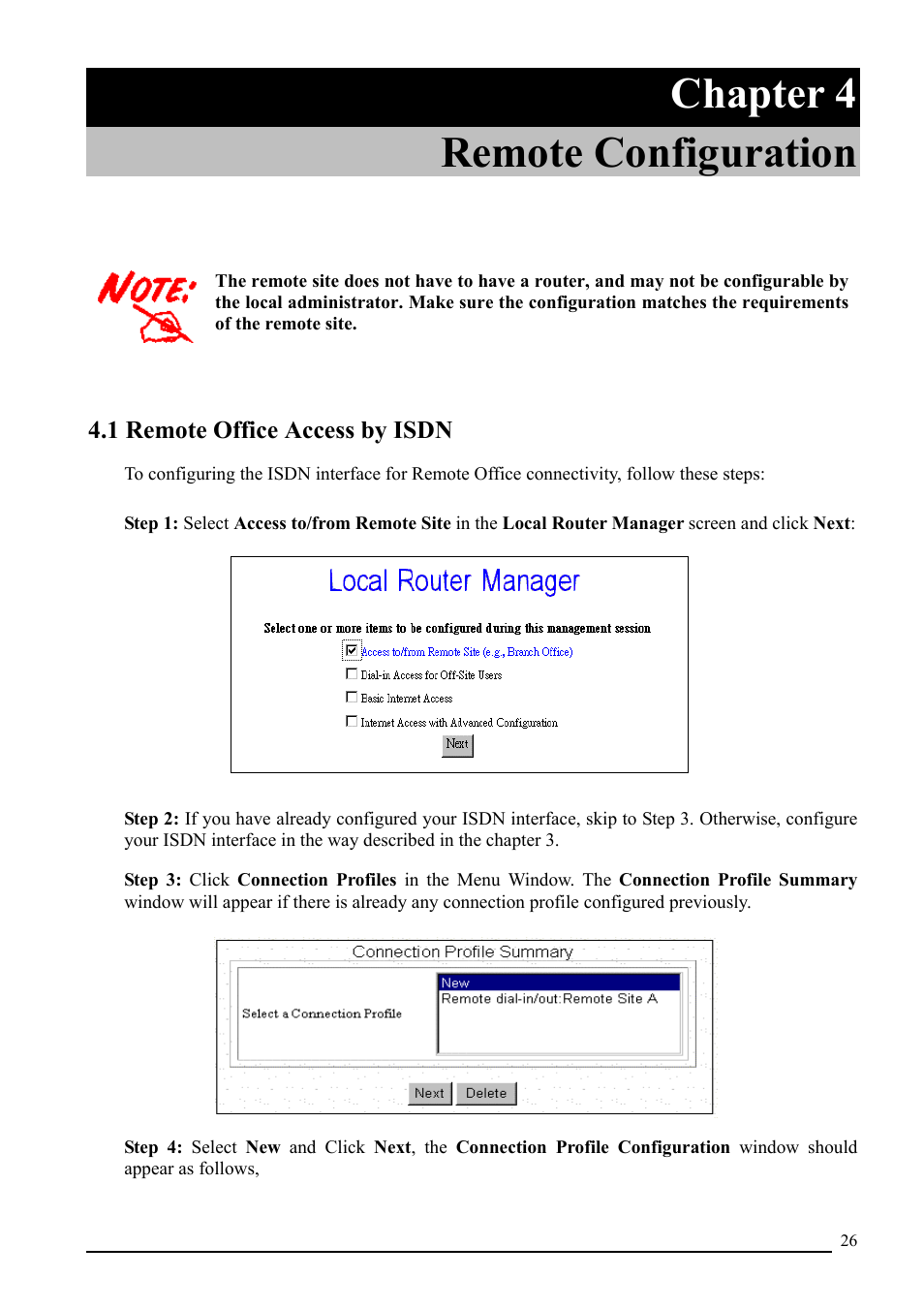 Chapter 4 remote configuration, 1 remote office access by isdn | Atlantis Land A02-RI_M02 User Manual | Page 28 / 43
