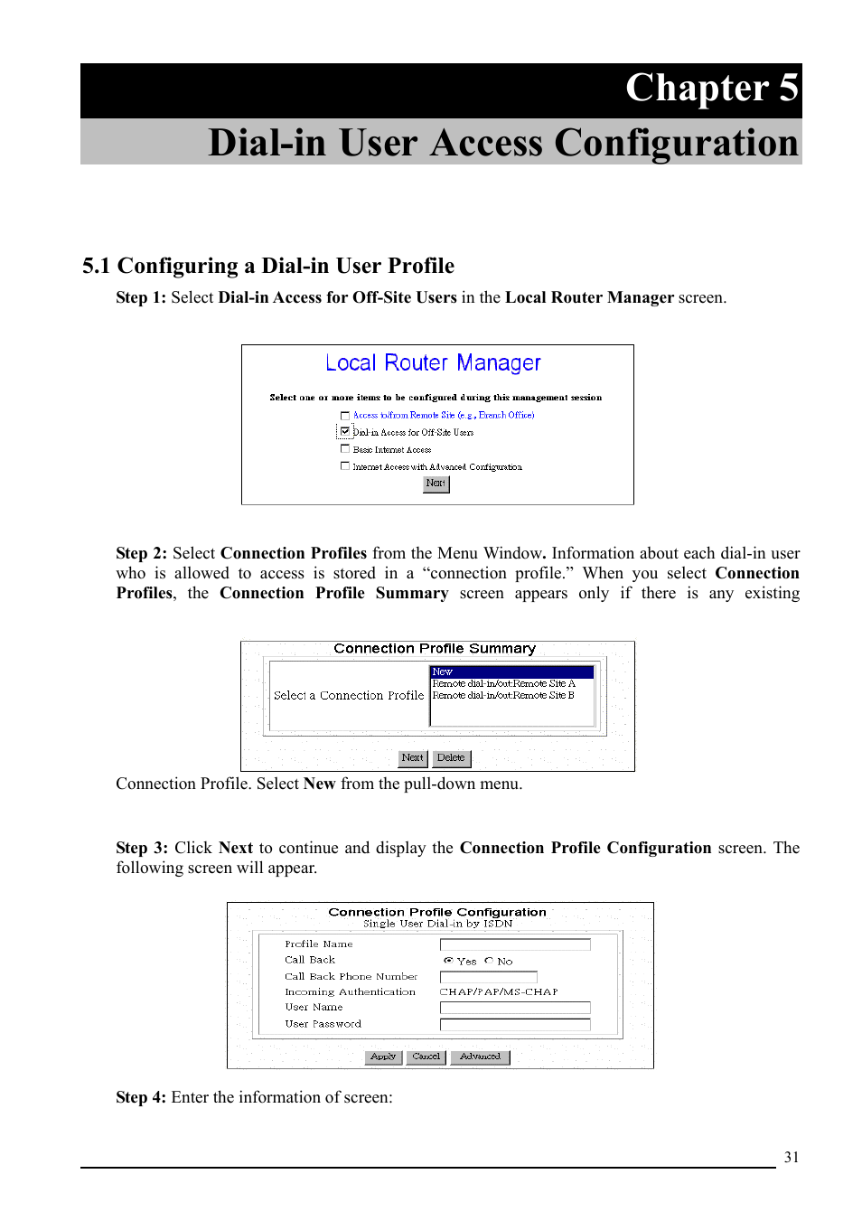 Chapter 5 dial-in user access configuration | Atlantis Land A02-RI_M02 User Manual | Page 32 / 43