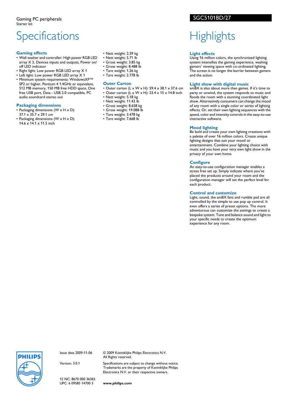 Specifications, Highlights | Philips SGC5101BD-27 User Manual | Page 2 / 2