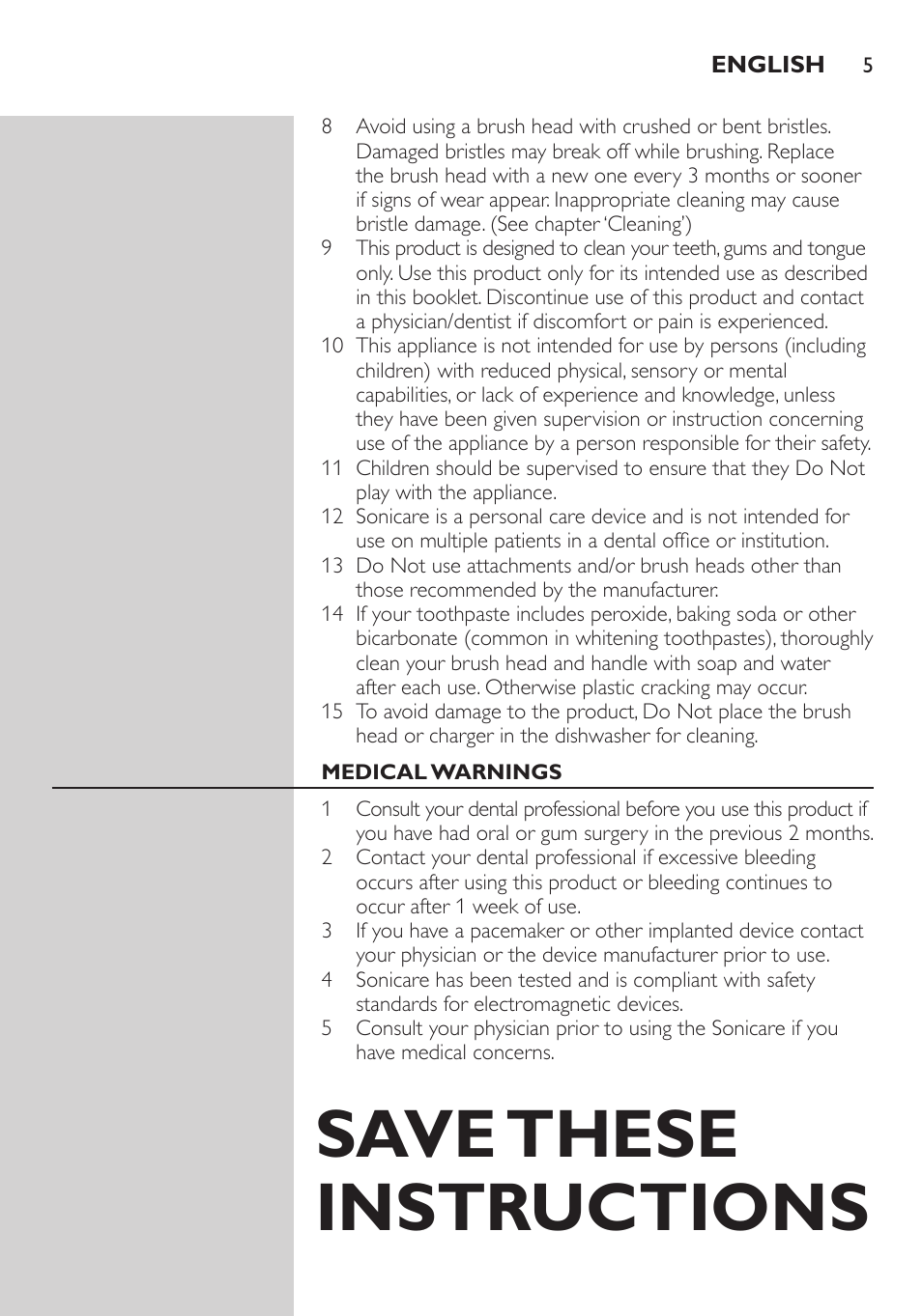 Save these instructions | Philips Sonicare Elite Rechargeable toothbrush with 2 modes HX5910 2 modes 3 brush heads 2 travel cases User Manual | Page 5 / 20