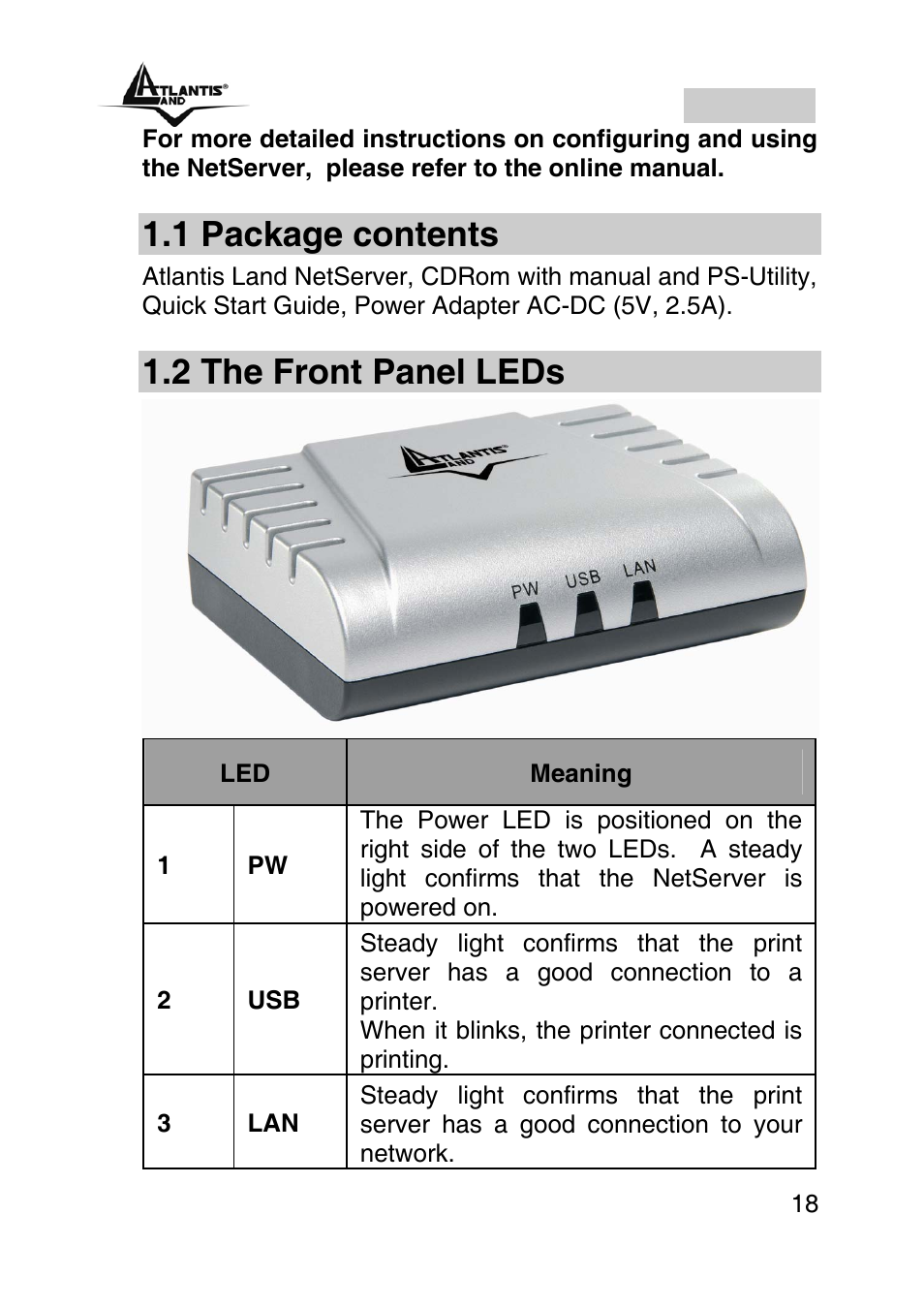 English, 1 package contents, 2 the front panel leds | Atlantis Land A02-PSU User Manual | Page 17 / 36