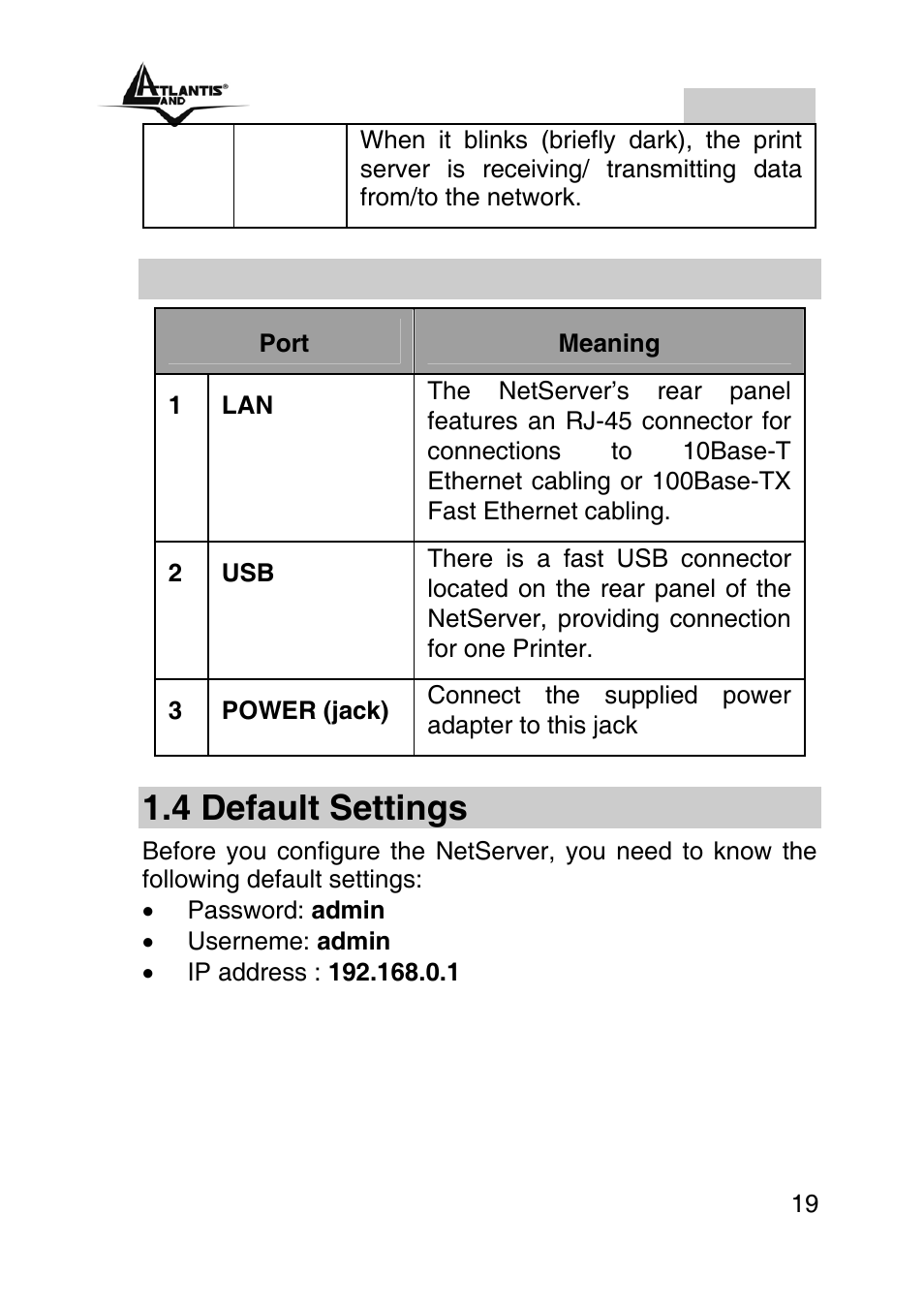 3 the rear ports, 4 default settings, English | Atlantis Land A02-PSU User Manual | Page 18 / 36