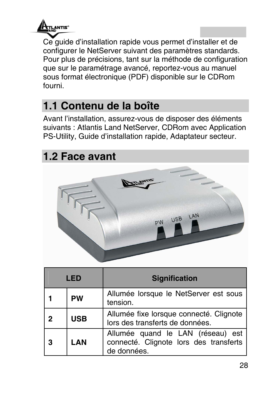 Francais, 1 contenu de la boîte, 2 face avant | Atlantis Land A02-PSU User Manual | Page 27 / 36