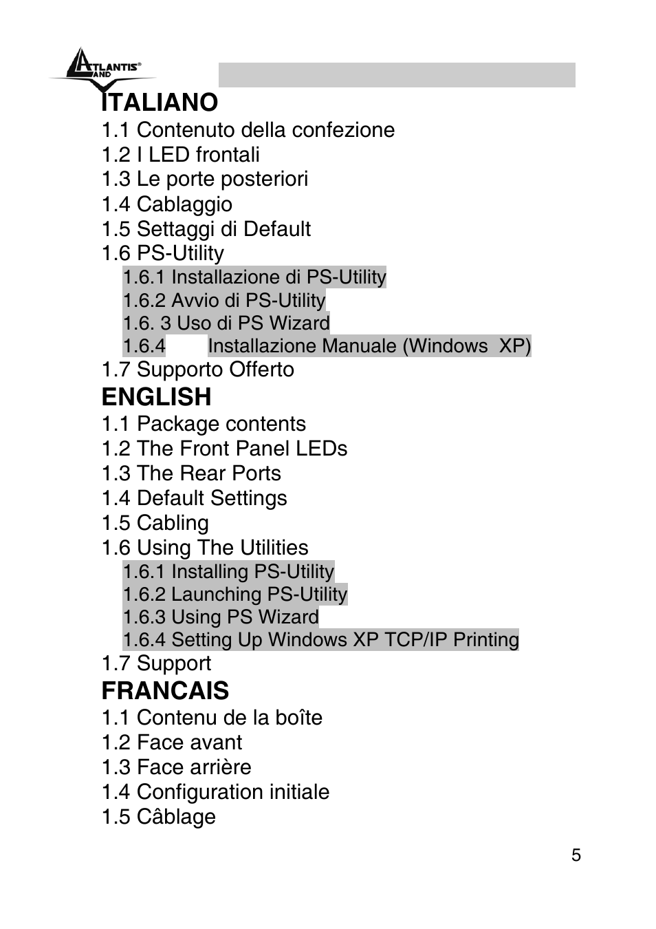 Index, Italiano, English | Francais | Atlantis Land A02-PSU User Manual | Page 4 / 36