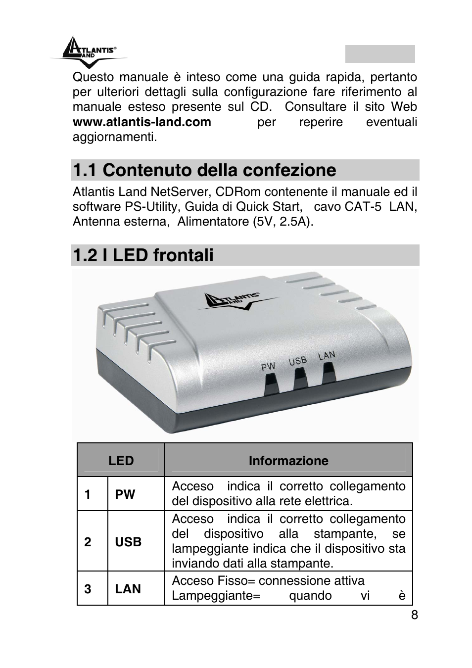 Italiano, 1 contenuto della confezione, 2 i led frontali | Atlantis Land A02-PSU User Manual | Page 7 / 36