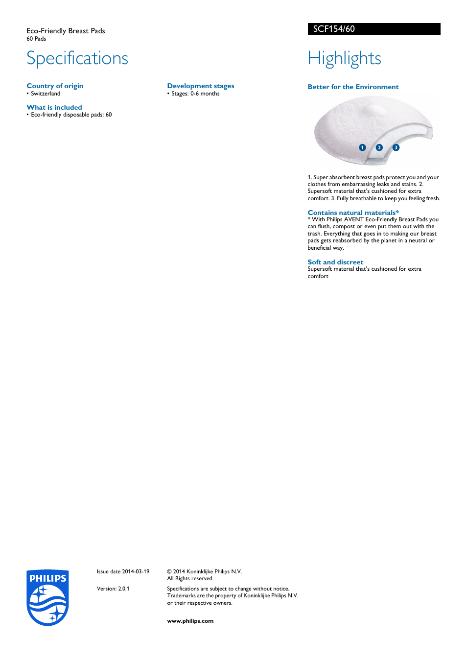 Specifications, Highlights | Philips SCF154-60 User Manual | Page 2 / 2