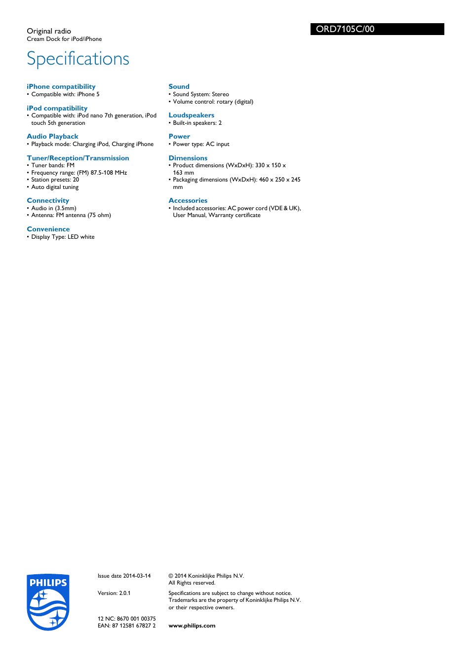 Specifications | Philips ORD7105C-00 User Manual | Page 3 / 3