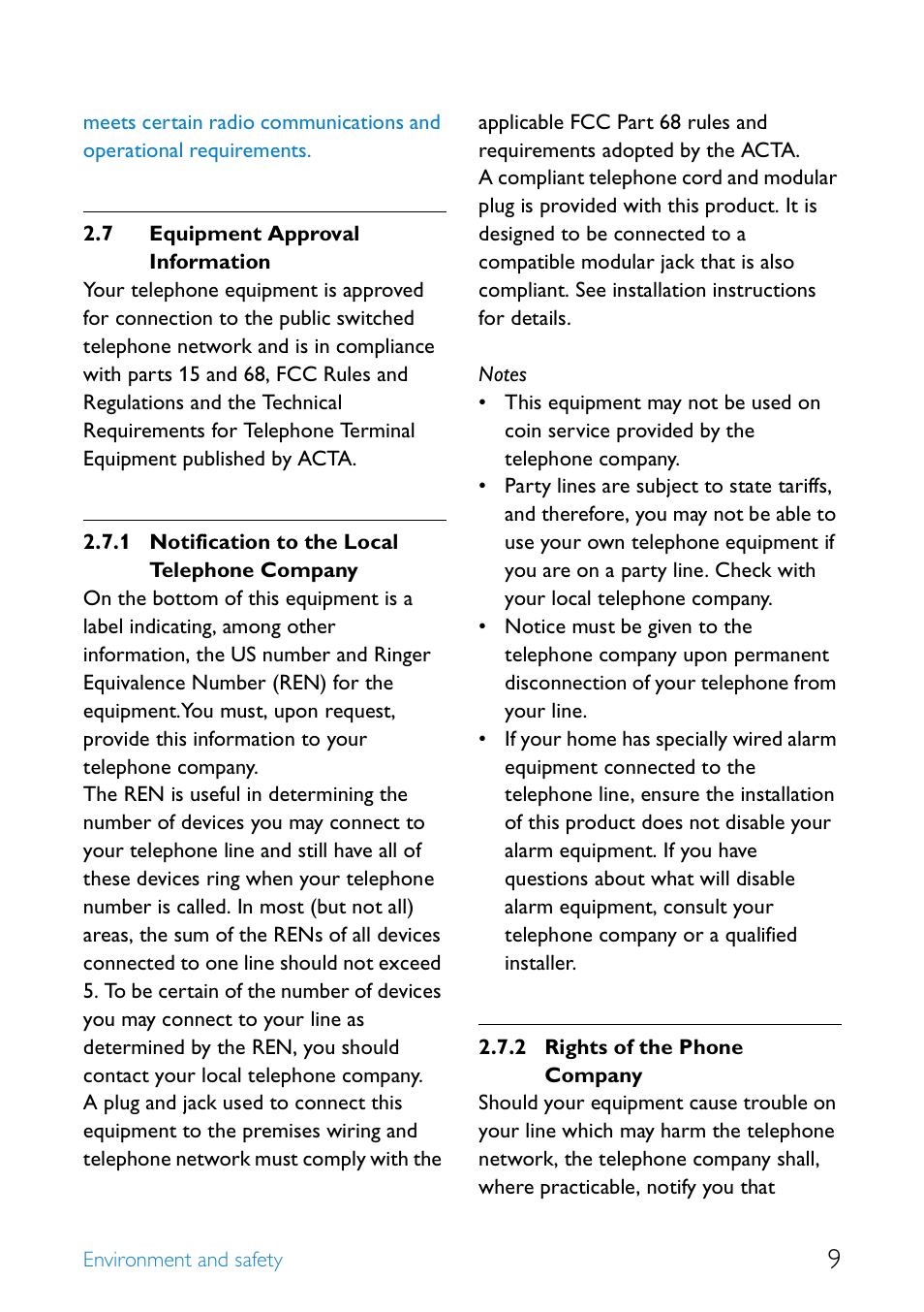 7 equipment approval information, Equipment approval information, Notification to the local telephone company | Rights of the phone company | Philips SE4552B-17 User Manual | Page 11 / 76