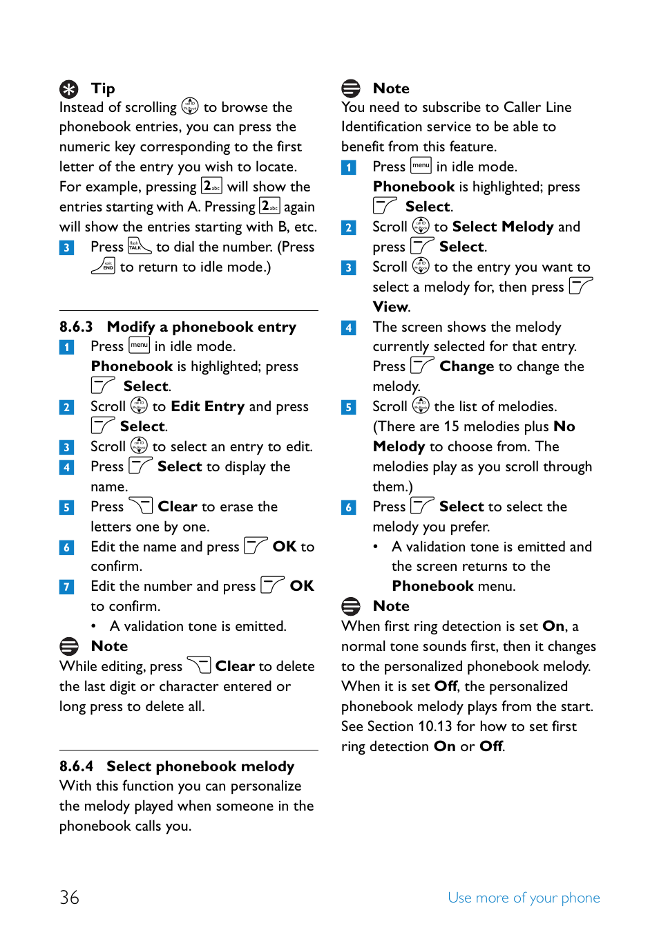 Modify a phonebook entry, Select phonebook melody | Philips SE4552B-17 User Manual | Page 38 / 76