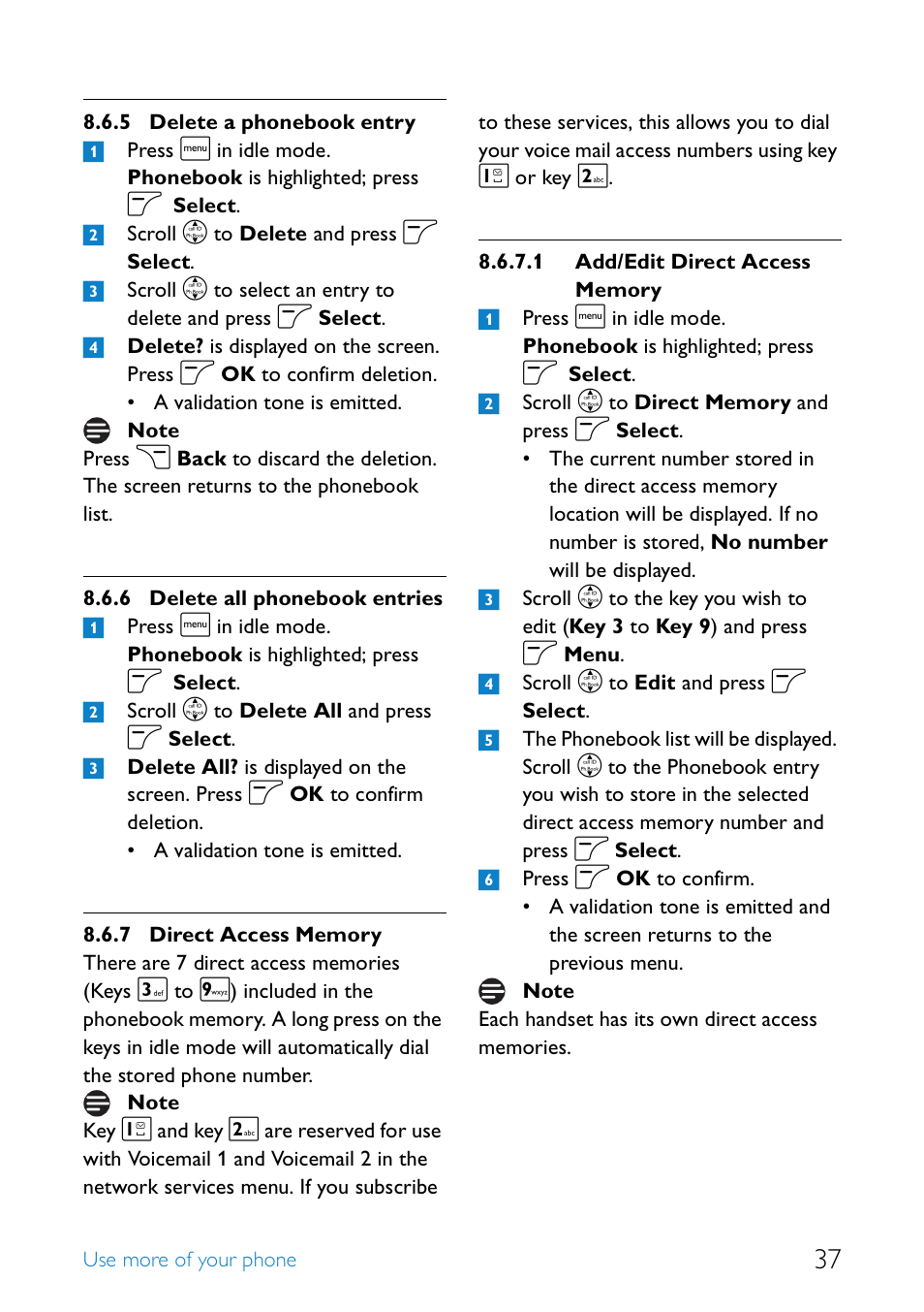 Delete a phonebook entry, Delete all phonebook entries, Direct access memory | Philips SE4552B-17 User Manual | Page 39 / 76
